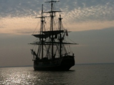 The replica HMS Bounty, lying at anchor in Sassafras River (MD), later was lost at sea in Hurricane Sandy.