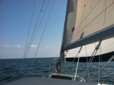 In what proved an unusual experience, wind filled her sails and Steadfast beat up Buzzard's Bay.
