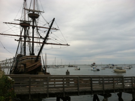 The Mayflower replica is on a pier just west of the Plymouth Yacht Club whose moorings lay beyond.